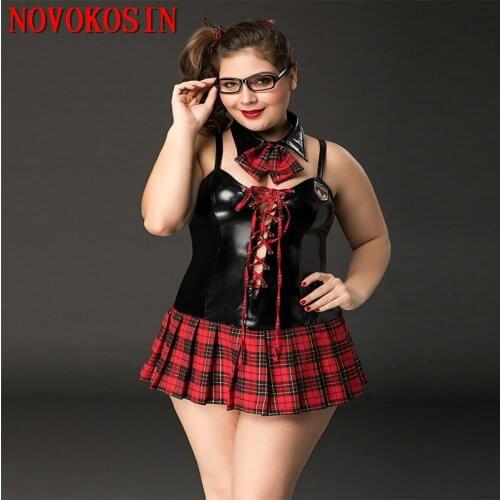 2020 Plus Size Sexy Faux Leather Hot School Girl Plaid England Skirt Cosplay Student Uniform Erotic Underwear Bandage Costumes