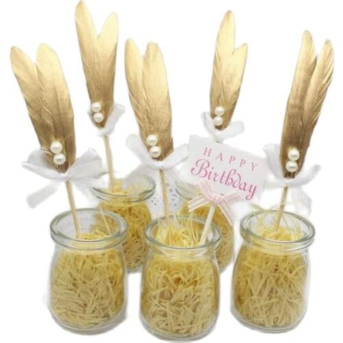 5pcs/lot Golden Glitter Feather Cupcake Topper Kids Birthday Wedding Party Supplies Cake Toppers Decoration K111