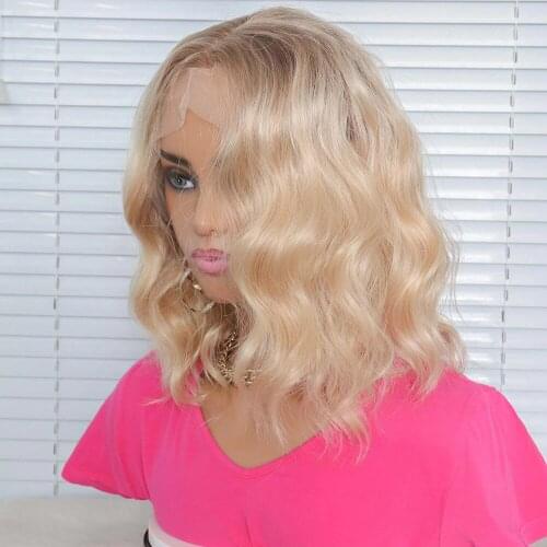 613 Ombre Color Short Bob Wavy Synthetic Lace Wigs For Women With Baby Hair Body Wave T Part Lace Wig Heat Resistant Fiber Hair