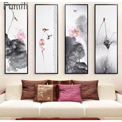 Unframed Chinese Ink Painting Style Canvas Art Print Painting of Lotus,Birds Stand on the Lotus,Dragonfly Fly over the Lotus