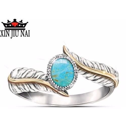 Bohemian Unique Design Class A Golden Feather Bluestone Ring Ethnic Style Engagement Ring Fashion Jewelry Charming Womens Ring
