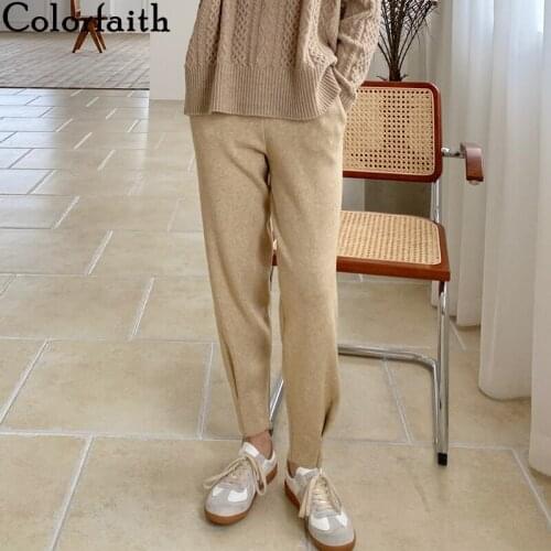 Colorfaith New 2020 Autumn Winter Women Pants Knitting Harem High Waist Wide Leg Warm Pockets Wild Ankle-Length Trousers P1187