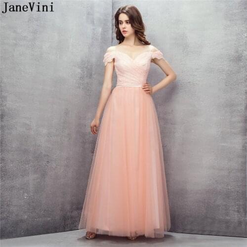 JaneVini Simple Lace Long Bridesmaid Dresses Floor Length Spaghetti Straps Backless Tulle Prom Dress Vestidos Longos De Festa