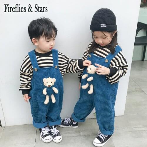 Spring Autumn Girls Overall Baby One Piece Kids Jumpsuits Children Clothes New Fashion Pocket Doll Bear Striped Patch 1 To 7 Yrs
