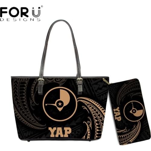 FORUDESIGNS Womens PU Leather 2pcs Set Bag Yap Polynesian Tribal 3D Printing Large Capacity Luxury Brand Design Totes Bolsa