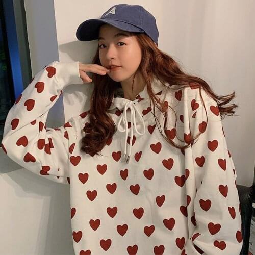Korean Clothing Kawaii Little Love Graphic Long-Sleeved Hat Sweater T-Shirt Female Harajuku Sweet Friend Urban Clothes Goth Tops