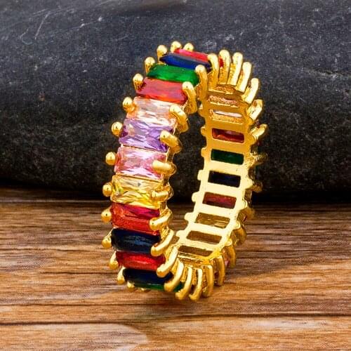 Fashion Elegant Colorful Copper CZ Rainbow Rings Crystal Engagement Design Wedding Bridal Jewelry Gift Hot Sale Rings For Women