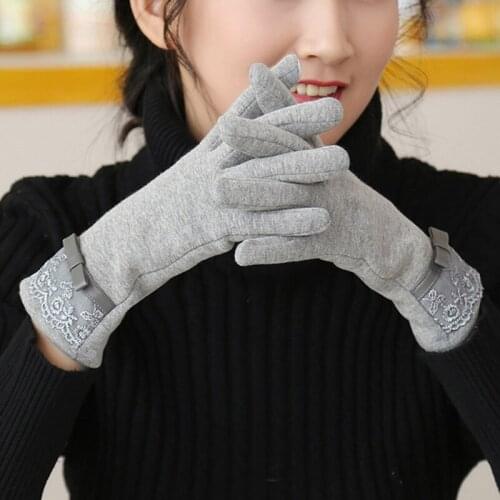 Fashion Female Cotton Touch Screen Lace Wrist Gloves Winter Women Warp-Knitted Velvet Plus Plush Warm Full Finger Gloves B73