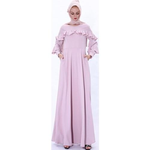 Long Sleeve Abaya Purple Ruffled Muslim Dress Arab High Wasit Big Swing Maxi Party Dresses Solid Color Robe