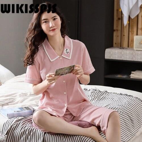 2021 Summer New Pajamas Womens Cotton Linen Solid Lapel Thin Womens Home Wear Womens Two Piece Sets Sleep Tops Loungewear