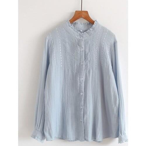 2020 New Autumn Women Blouse Literary Embroidery Lace Stand Collar Long Sleeve Loose Double Cotton yarn Shirts Women