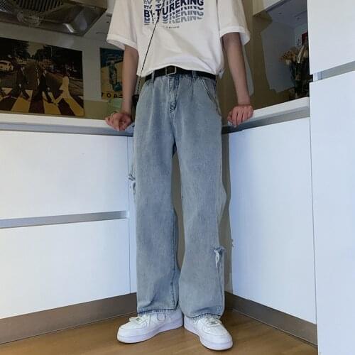 Wholesale 2021 Wide-leg jeans mens summer thin Hong Kong-style retro ripped mens trousers Korean loose straight mopping pants