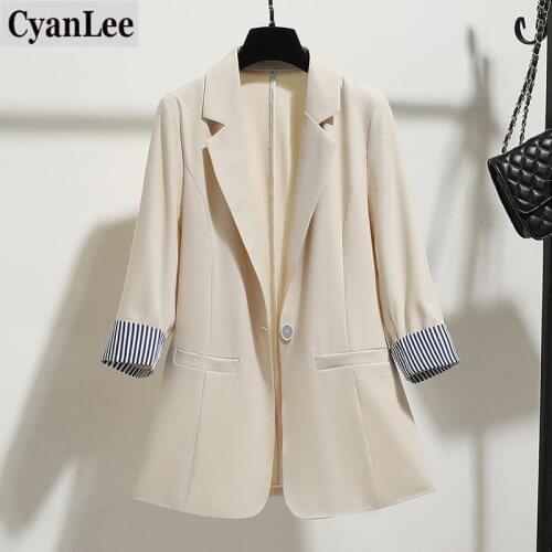 2020 autumn Summer Korean thin Cotton Linen Blazers Women Slim Patchwork Striped plus size Blazer Work Wear Single Button Coat