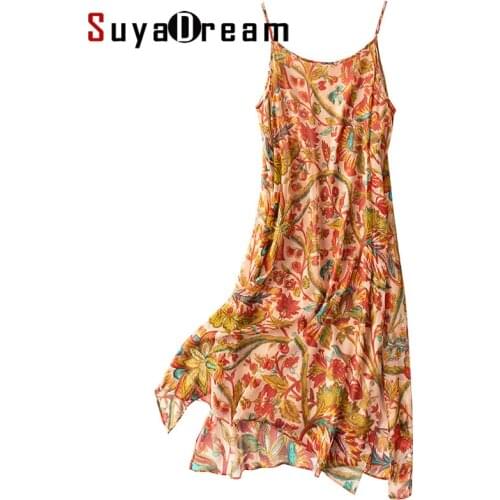 SuyaDream Woman Floral Dress 100%Silk Georgette Printed Spaghetti Strap Mid Dresses 2021 Spring Summer Dresses