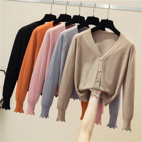 Casual Solid Black Cardigan Women Knitted Tees Ladies Sweater Long Sleeve Pink Top Female Blouse Korean Style White Clothing