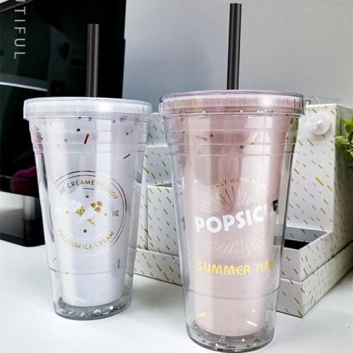 Pink Double Layer Plastic Cups with Lids and Straw BPA Free Drinking Straw Cup Water Bottle for Drinking Coffee Mug Juice Milk