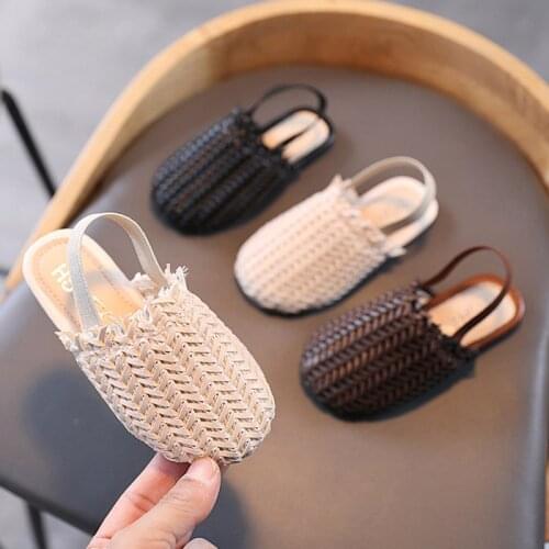 Girls Shoes Round Toe Weave Sandals Slip on Flat Shoes Kids Loafers Elastic Band Beach Shoes Baby Children Retro Casual Shoes