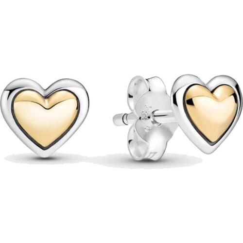 Authentic 925 Sterling Silver Domed Golden Heart Stud Earrings for Women Girls Ear Fine Jewelry Brincos Gift 14K Gold 2021 New