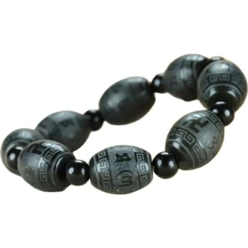 Xinjiang Hetian Green Jade Barrel Beads Six-Character Mantra Men and Women Passepartout Bracelet