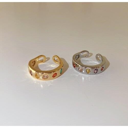 SRCOI Tredny Metallic Colorful Zircon Paved Open Ring Luxury Shiny Adjustable Engagement Wedddings Ring Women Jewelry Gift