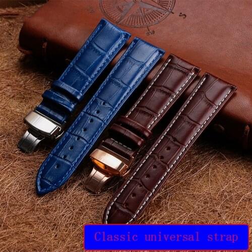 Universal Classic high-quality leather watch strap for Union Glashutte Longines Master TISSOT 18mm Black Brown Butterfly buckle