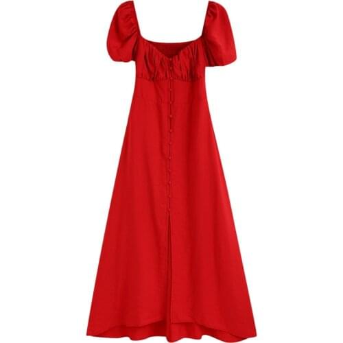 Vintage Puff Sleeve Single Breasted Red Midi Women Dress Female Back Elastic Fashion Dresses Folds Slim Chic Party Female Skirts