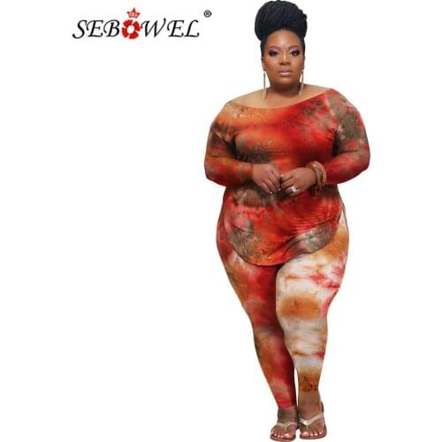 SEBOWEL Plus Size Women Casual Tie Dye Print Long Sleeve T-shirt Pants Suit Autumn Female Colorful Pattern Tracksuit Outfits