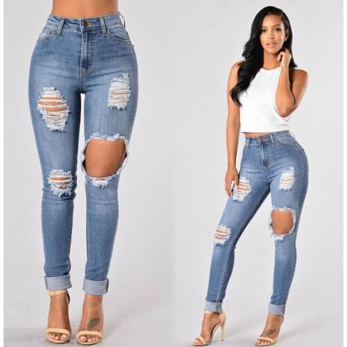 Womens Skinny Hole Ripped Pencil Jeans Boyfriend Beggar Pants Legging Elastic Jeans Female High Waisted Denim Trousers 2XL 2020