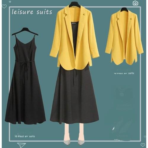 2 Piece Set Solid Blazer Retro New Korean Gentle Wind Suspender Skirt + Blazer Coat Womens Fashion Office Ladies Blazer Suit