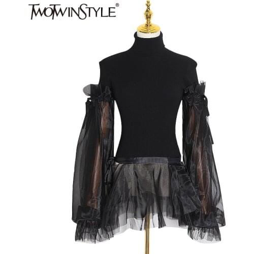 TWOTWINSTYLE Patchwork Mesh Sweater Women Turtleneck Puff Long Sleeve Ruffle Hem Knitting Pullovers Female 2020 Clothing Fashion