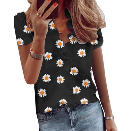 Little Daisy Print Short Sleeve V-neck Womens Tops Streetwear Elegant Office Lady Casual Loose Tshirts Femme
