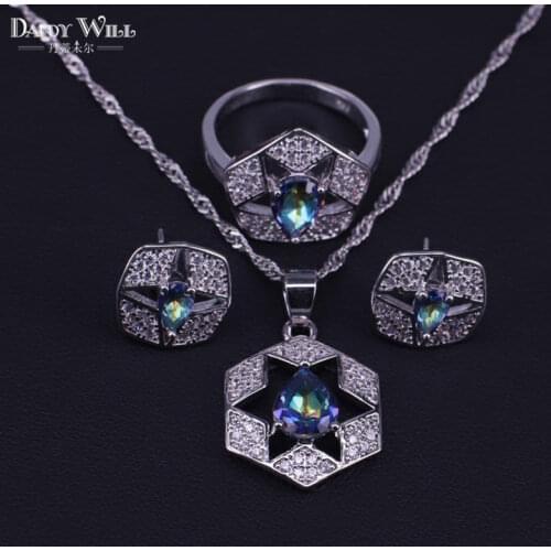 New Style Women Female Pear Crystal Jewelry Set For Wedding Engagement silver color Necklace Earrings Rings Set