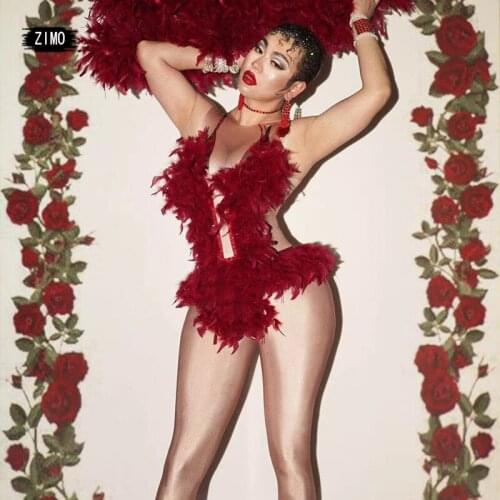 Sexy Red Rhinestone Feather Fan Bodysuit Women Birthday Party Prom Singer Performance Dance Costume Nightclub Bar Club Show Wear