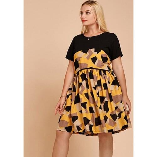 2021 Summer Dress Women O Neck Short Sleeve Geometric Print Contrast Multicolor Elegant Midi Dress Plus Size Women Clothing