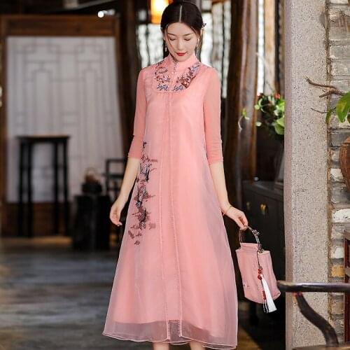 Cheongsam Summer New Retro Embroidery Big Flower Organza Splicing Sleeve Loose Waist Chinese Style Long Lady Dress S-2XL