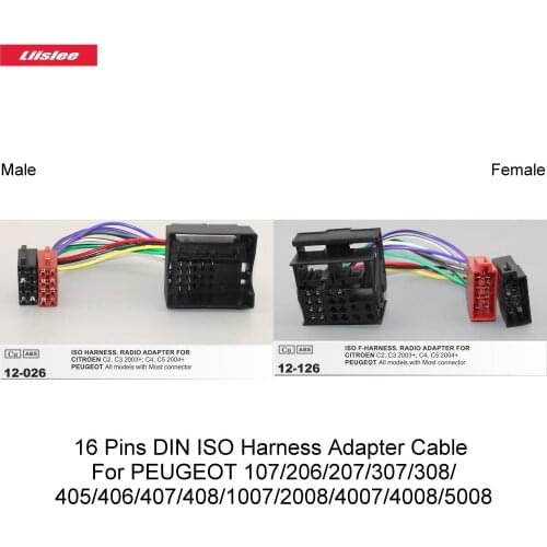 16 Pins DIN ISO Harness Adapter Cable For PEUGEOT 107/206/207/307/308/405/406/407/408/1007/2008/4007/4008/5008