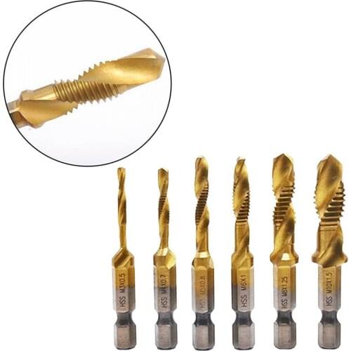 6Pcs Hexagonal Composite Tap Steel Thread Metric Tap Drill Bit Shank Titanium Plated Screw Machine M3 M4 M5 M6 M8 M10 Hand Tools