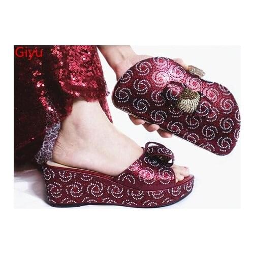 Doershow beautiful wine Italian Shoes With Matching Bags African Women Shoes and Bags Set For Prom Party Summer Sandal SLP1-21