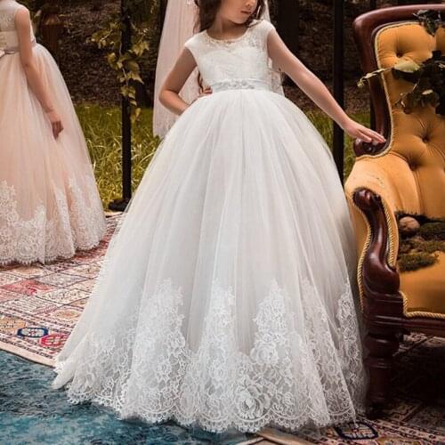 Elegant Girls Princess Dress Sleeveless White Multi-layer Tulle Ball Gown Puffy Long Dress Wedding Bridesmaid Dresses for Kids