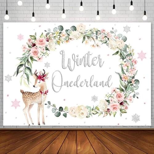 Winter Onderland Backdrop 1st Birthday Party Snowflake Wreath Sika Deer Photography Background Photo Studio Decoration Photozone