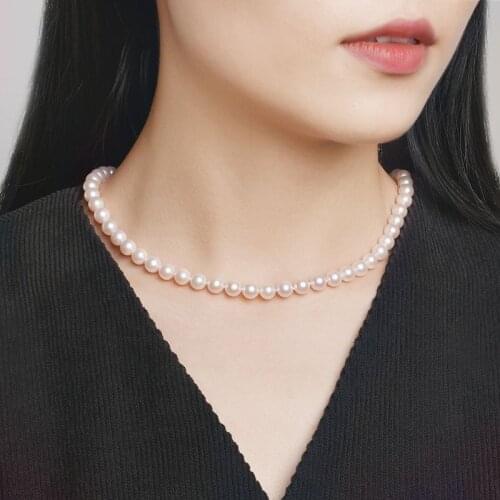 GN Pearl Genuien White Natural Akoya Round Sea Pearl Necklaces 7-7.5 mm 925 Silver Clasp Chains Choker Fine Jewerly gNPearl