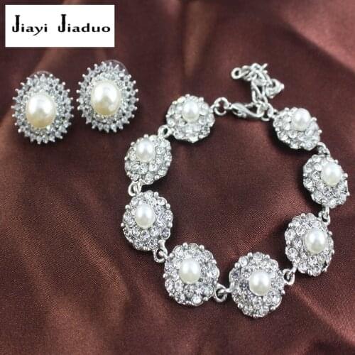 Jiayijiaduo Imitation pearls Jewelry Sets Bridal Bracelets Earrings Sets African Beads Jewelry Sets Silver color Prom Wedding