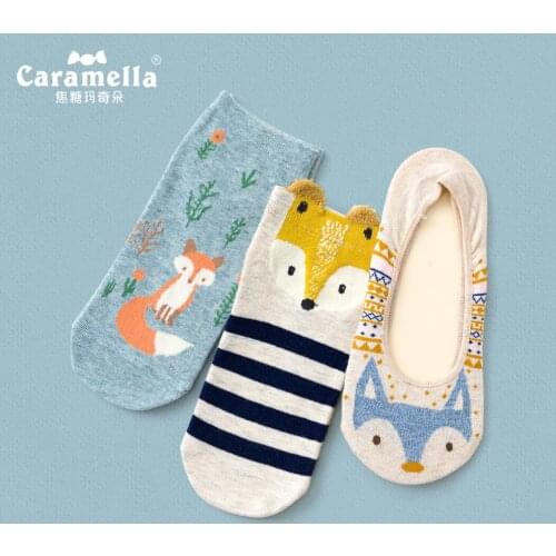 Caramella 3Pairs Summer Women Socks 2020 Funny Animal Combed Cotton Ankle Socks Women Invisible Socks Cute Fox Sweet Girls Socks