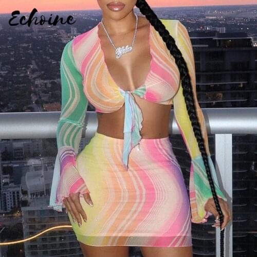 Two Piece Set Women Flare Sleeve Tops And Skirt Club Suits Summer Fashion New Print Mesh Sexy Beach Swimwear Skirt Cover Up