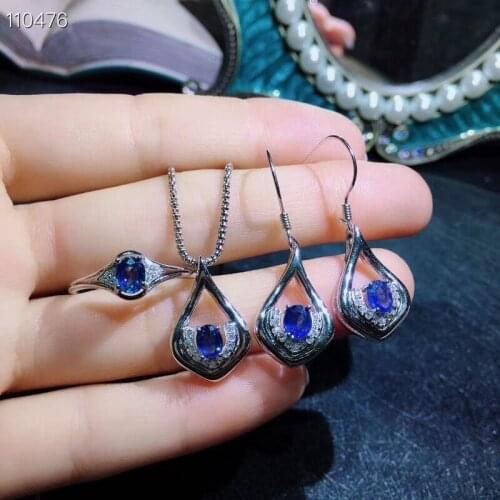Natural blue sapphire Ring Pendant Earrings Natural Gemstone Jewelry Set S925 Silver Fashion water drop Women party gift jewelry