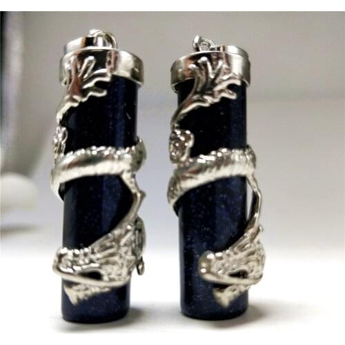 2PC Natural Blue Sandstone Quartz Crystal Pendant With Silver Rimmed Dragon Design Trim Pendant