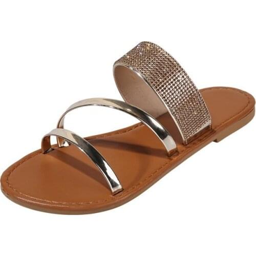 Summer Breathable Ladies Sandals Shoes Large Size Flat Rhinestone Gold Leisure Beach Slippers Women