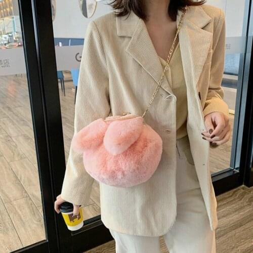 Small Bag Female New Plush Cartoon Rabbit Ear Small Round Bag Single Shoulder Handbag Crossbody Bags For Women Faux Fur