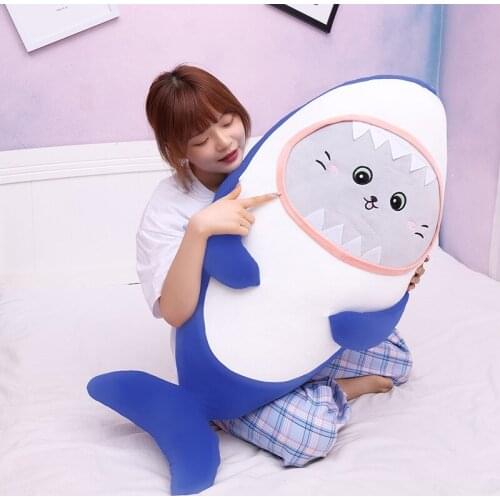 Cute Cat Face Shark Baby Plush Toy Soft Pillow Stuffed Doll Kids Toys Shark Pillow Cushion Birthday Christmas Gift for Children