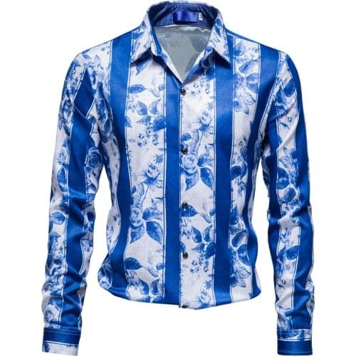 Trend Mens Flower Printing Long-sleeved Shirt Long-sleeved Shirt Business Casual Shirt Nightclub Party Shirt EU Size